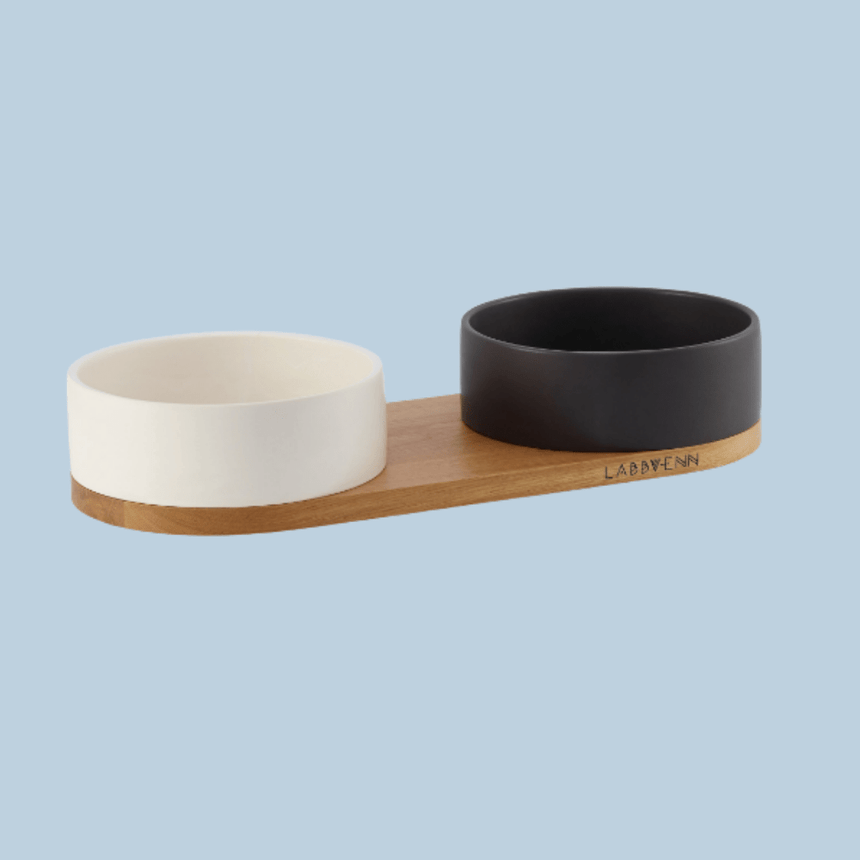LABBVENN Hundenapf-Set M | 52 x 22 x 10 cm / Schwarz-Weiß LABBVENN Keramiknapf-Duo VUKU