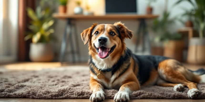 Hunde im Büro, entspannter Hund auf dem Boden.