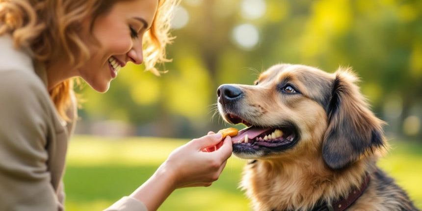 Glücklicher Hund erhält Leckerli von seinem Besitzer.