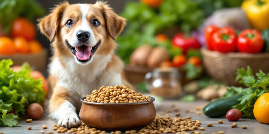 Gesunder Hund frisst nahrhaftes Futter aus einer Schüssel.