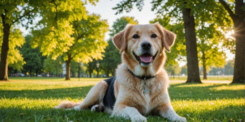 Glücklicher Hund sitzt gehorsam im Park