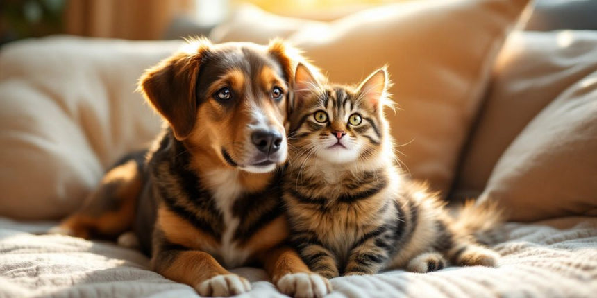 Hund und Katze sitzen friedlich zusammen.