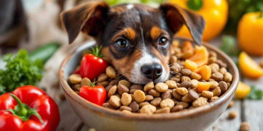 Hundefutter mit frischem Gemüse und Obst in einer Schüssel.