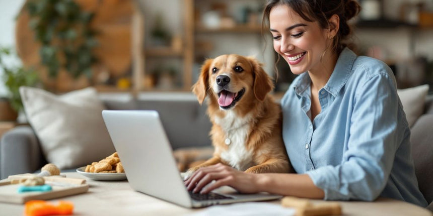 Hundebesitzer mit Laptop und Hundespielzeug.