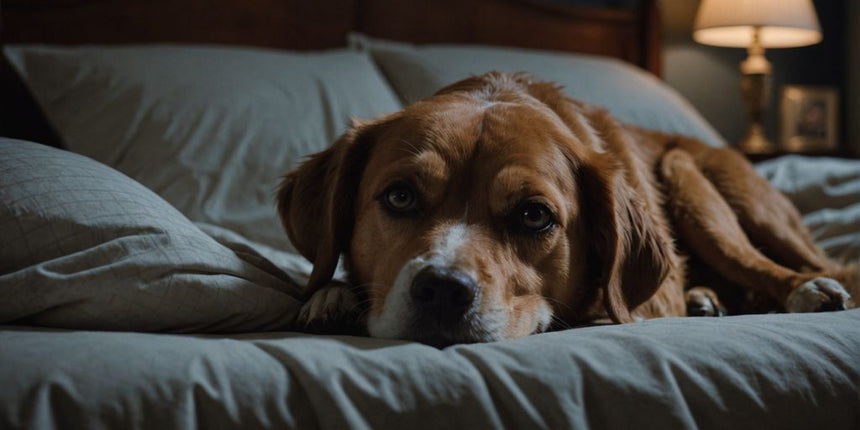 Hund liegt wach im Bett und sieht müde aus.