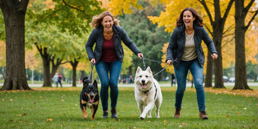 Hund zieht Besitzer an der Leine im Park