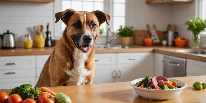 Hund frisst rohes Fleisch und Gemüse