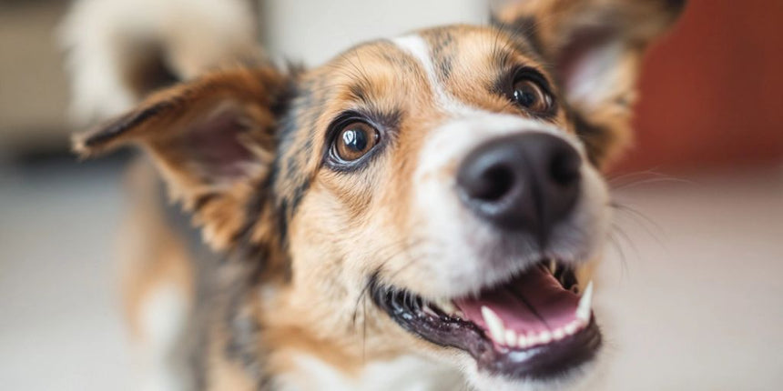 Fröhlicher Hund mit aufmerksamen Ohren und wedelndem Schwanz.