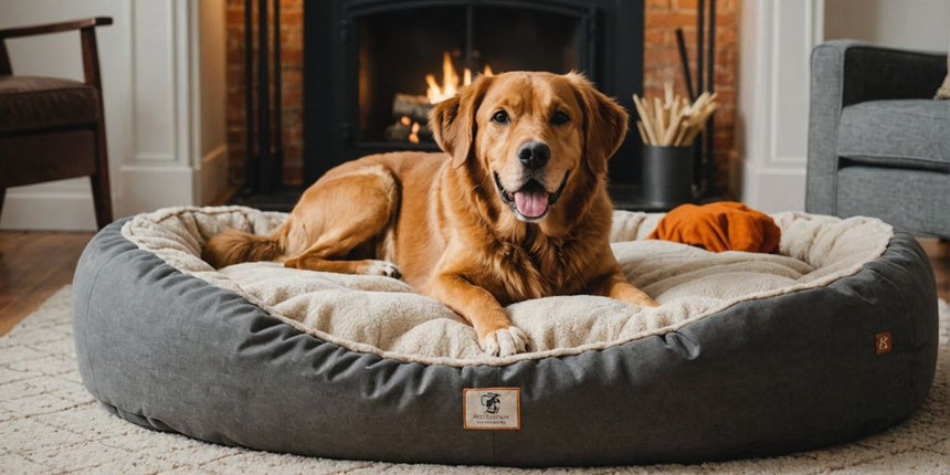 Großer Hund auf gemütlichem Hundebett im Wohnzimmer