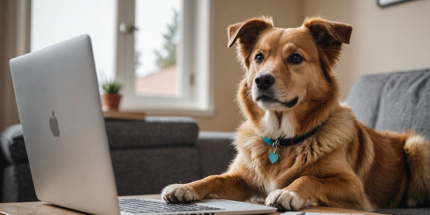 Hund sitzt vor Laptop zu Hause