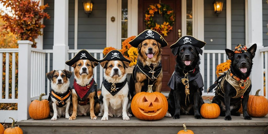 Hunde in Halloween-Kostümen auf einer herbstlichen Veranda