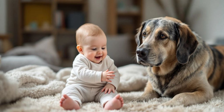 Hund und Baby spielen auf einem Teppich.