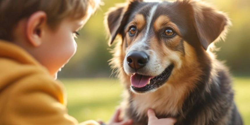 Hunde und Kind spielen freundlich im Freien.