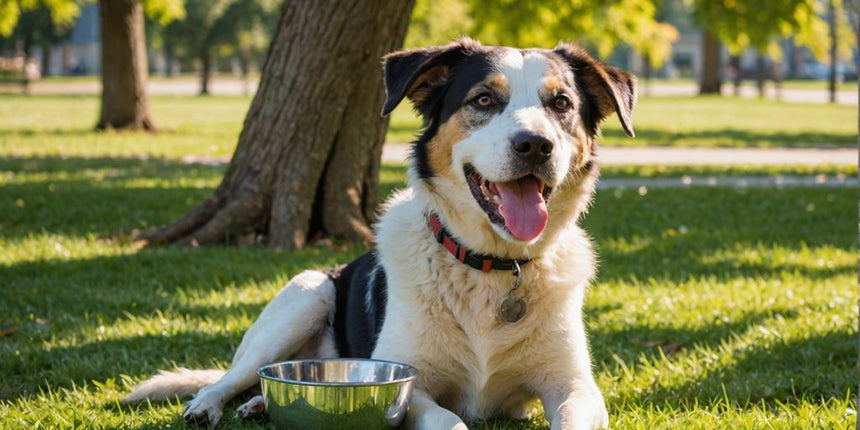 Hund im Schatten mit Wasserschüssel