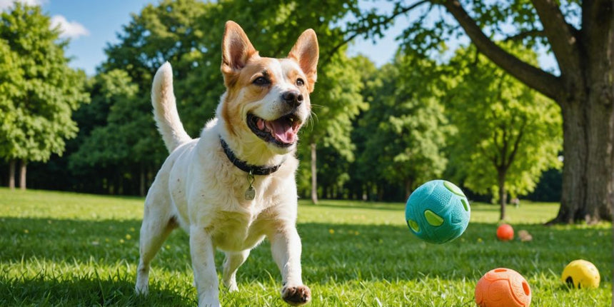 Hund spielt mit umweltfreundlichen Spielzeugen im Park