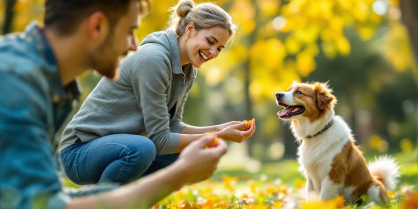 Glücklicher Hund mit seinem Besitzer im Park.