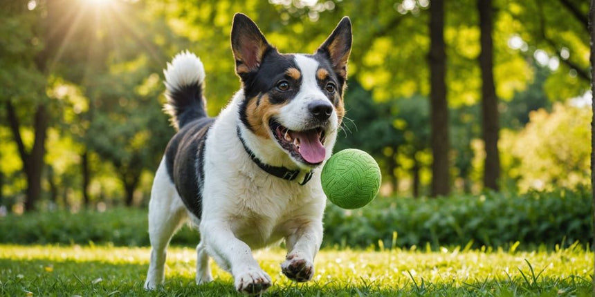 Hund spielt mit nachhaltigem Spielzeug im Park