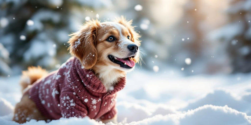 Hund im Winter mit warmem Pullover im Schnee.