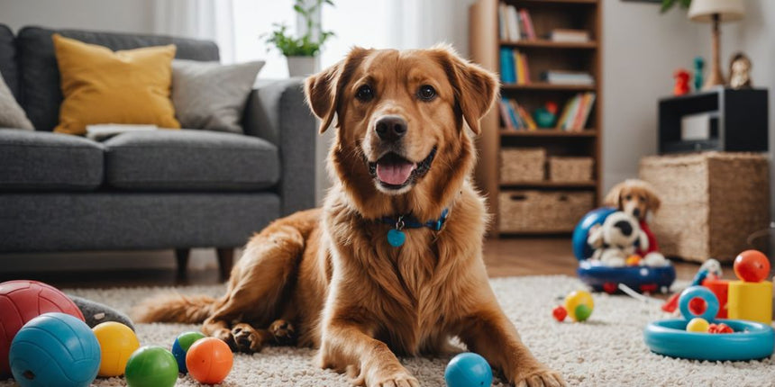 Hund sitzt aufmerksam im Wohnzimmer