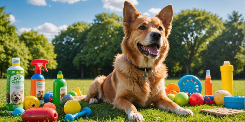 Glücklicher Hund im Park mit Hundeprodukten