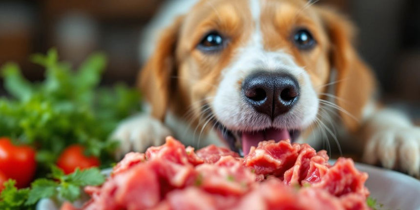 Hund frisst rohes Fleisch und Gemüse.