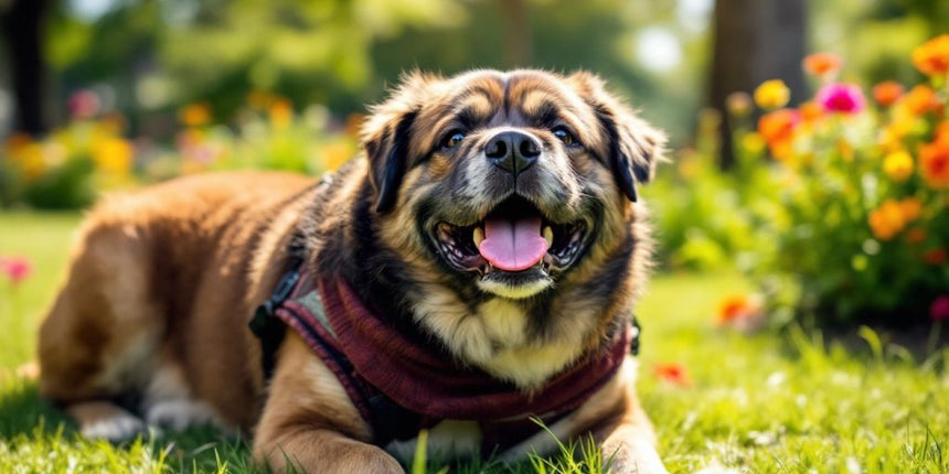 Übergewichtiger Hund spielt im Park mit seinem Besitzer.