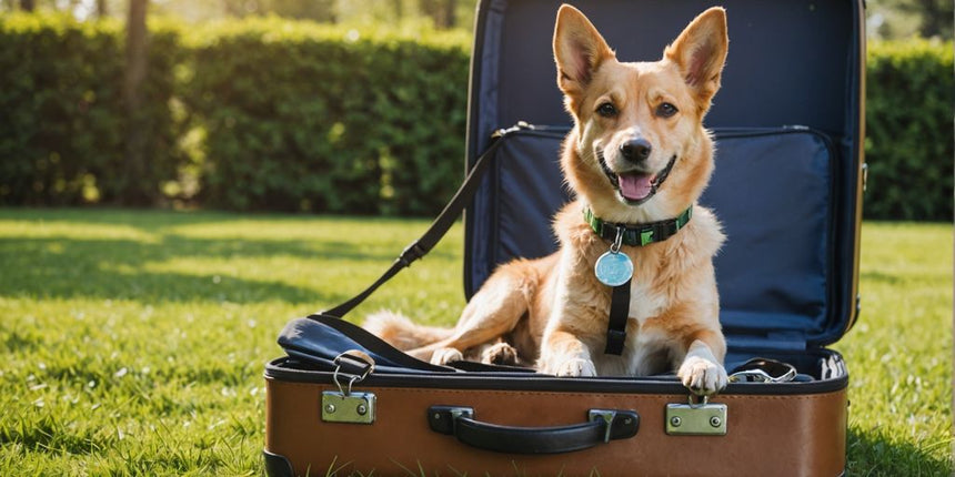 Hund neben gepacktem Koffer im Freien